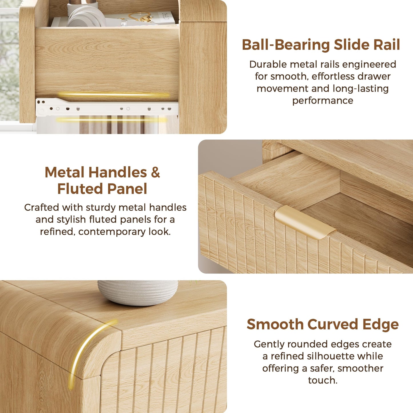 Jocoevol Modern 6 Drawer Dresser, 47" Wide Wood Dressers & Chests of Drawers Curved Profile Design, Mid Century Modern Fluted Dresser for Bedroom, Natural Oak