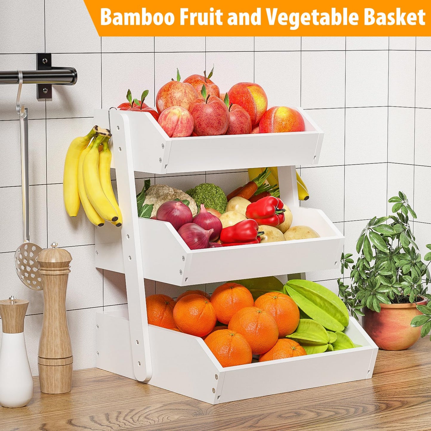 Gmtsl Bamboo Fruit Basket for Kitchen– 3 Tier Fruit Bowl For Kitchen Counter, Large Fruit Holder With Banana Hangers, Idea For Vegetable Storage, Bread Display, Snack Organizer(White)