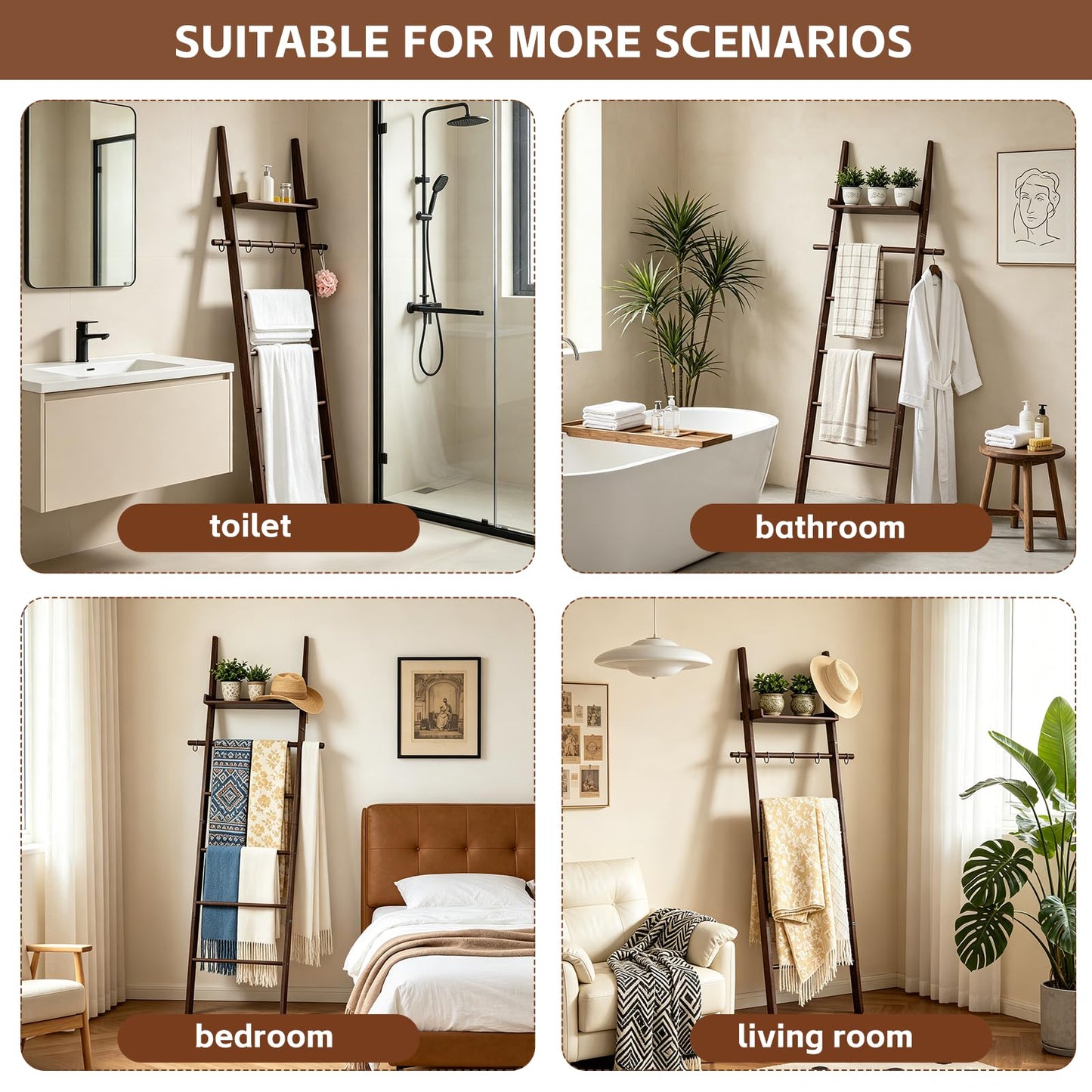 Chilinii Farmhouse Wooden Blanket Ladder with Shelf,6-Tier Rustic Quilt Towel Rack Decorative Holder Wall Leaning Storage with Removable Hooks for Home Living Room Bedroom Decor Brown