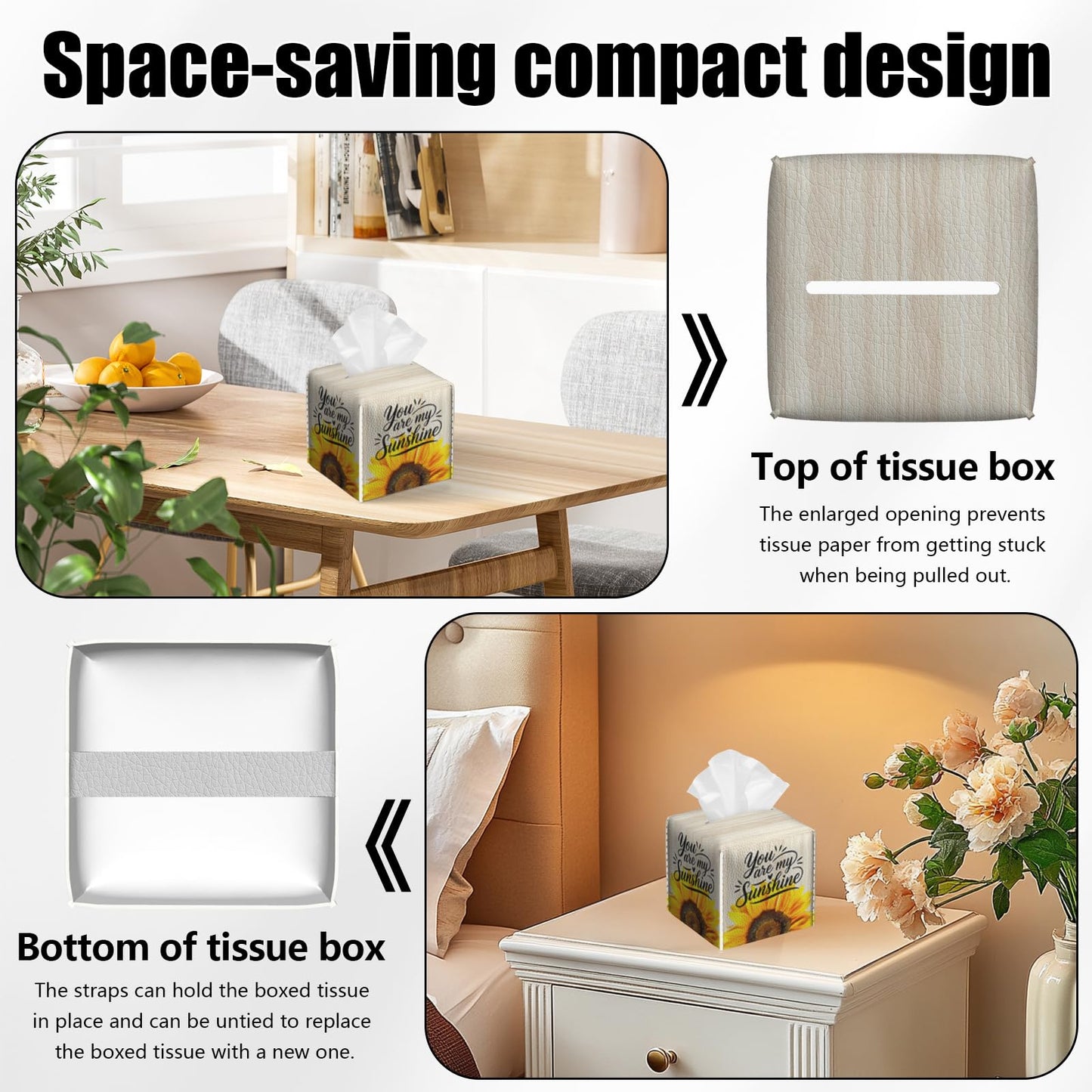 2 Pack Sunflower Sunshine Tissue Box Cover Square Wooden Board Texture PU Leather Tissue Box Holder Waterproof Facial Paper Organizer Dispenser for Bathroom Kitchen Home Office Car