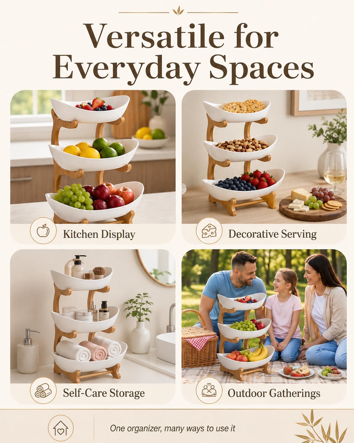 Tier Countertop Organizer, Fruit Bowl with Bamboo Wood Stand for Kitchen Counter, Snack Dessert Cake Tray Plate Rack for Party Wedding, Basket for Vegetable Storage, Salad Buffet Server(3 Tier White)