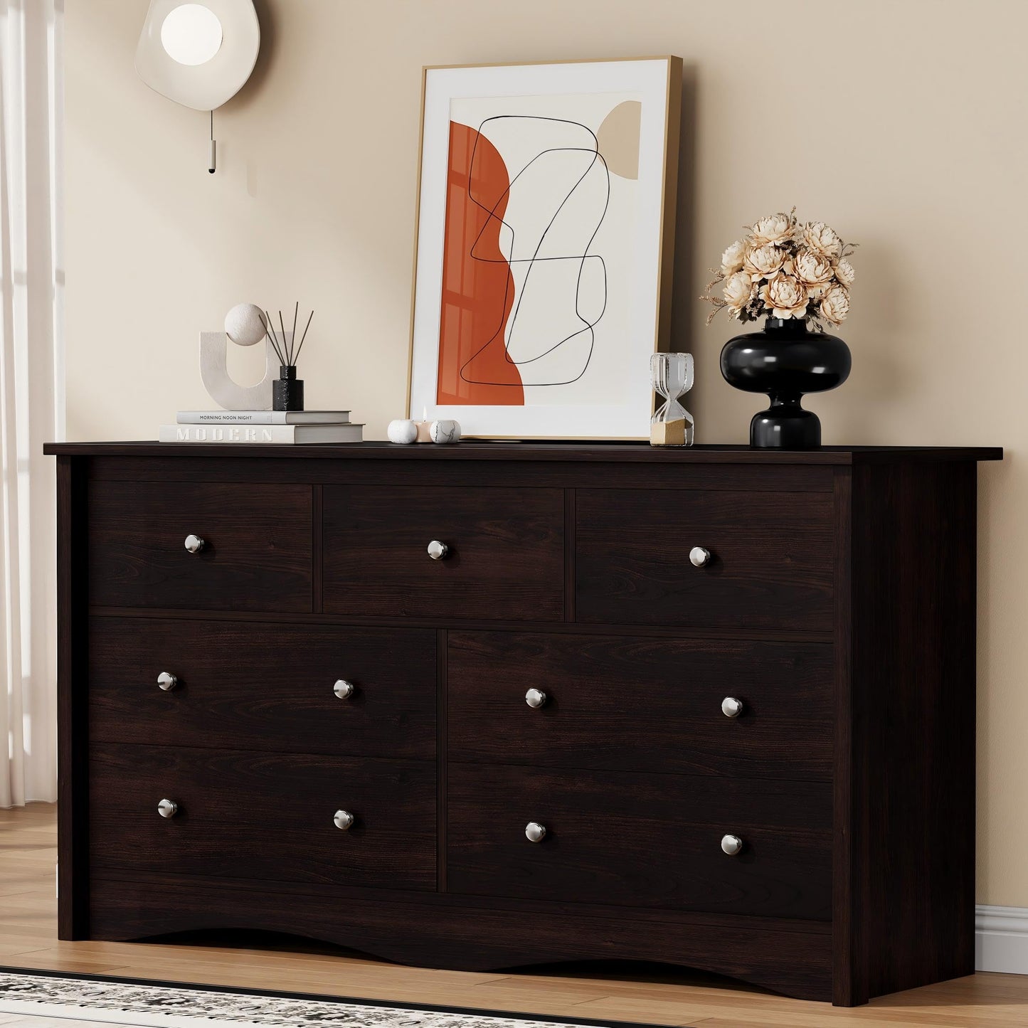 YESHOMY Dresser for Bedroom with 7 Drawers, Modern Chest of Drawers, Wooden Dressers, TV Stand for Living Room,Closet, Hallway (Brown)