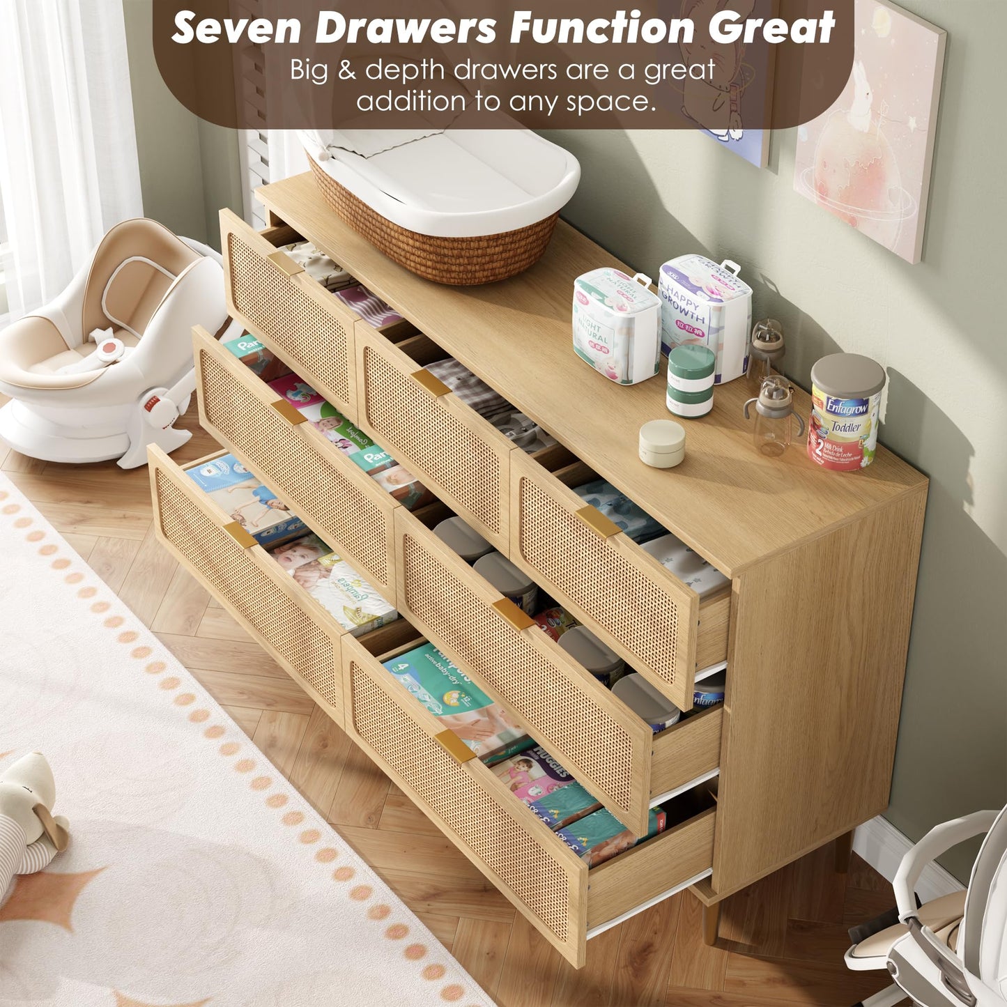 GarveeHome Rattan 7 Drawer Dressers for Bedroom, Tall Dresser with Deep Drawers, Large Chest of Drawers for Closet with Wide Top, Long Wooden Dresser for Living Room, Hallway, Kids Room, Natural