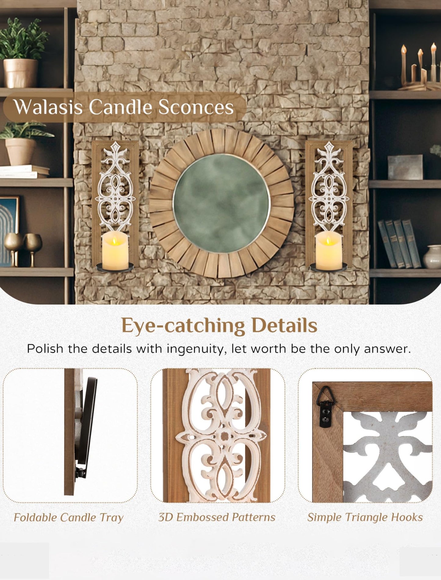 Farmhouse Wood Candle Sconces Wall Decor - Set of 2 Walasis Rustic Wall Candle Holder Decorative Carved Brown Candle Sconce Farmhouse Art Distressed Pillar Candles Holder for Fireplace Decor