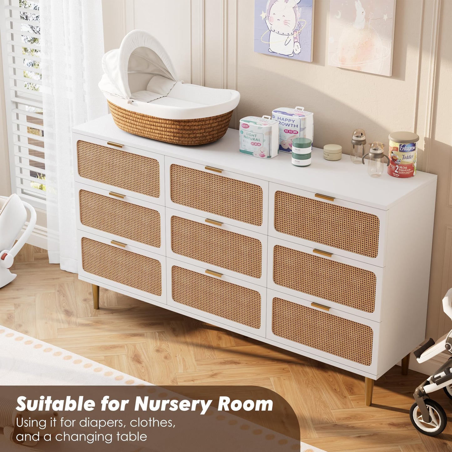 GarveeHome Rattan 9 Drawer Dressers for Bedroom, Tall Dresser with Deep Drawers, Large Chest of Drawers for Closet with Wide Top, Long Wooden Dresser for Living Room, Hallway, Kids Room, White