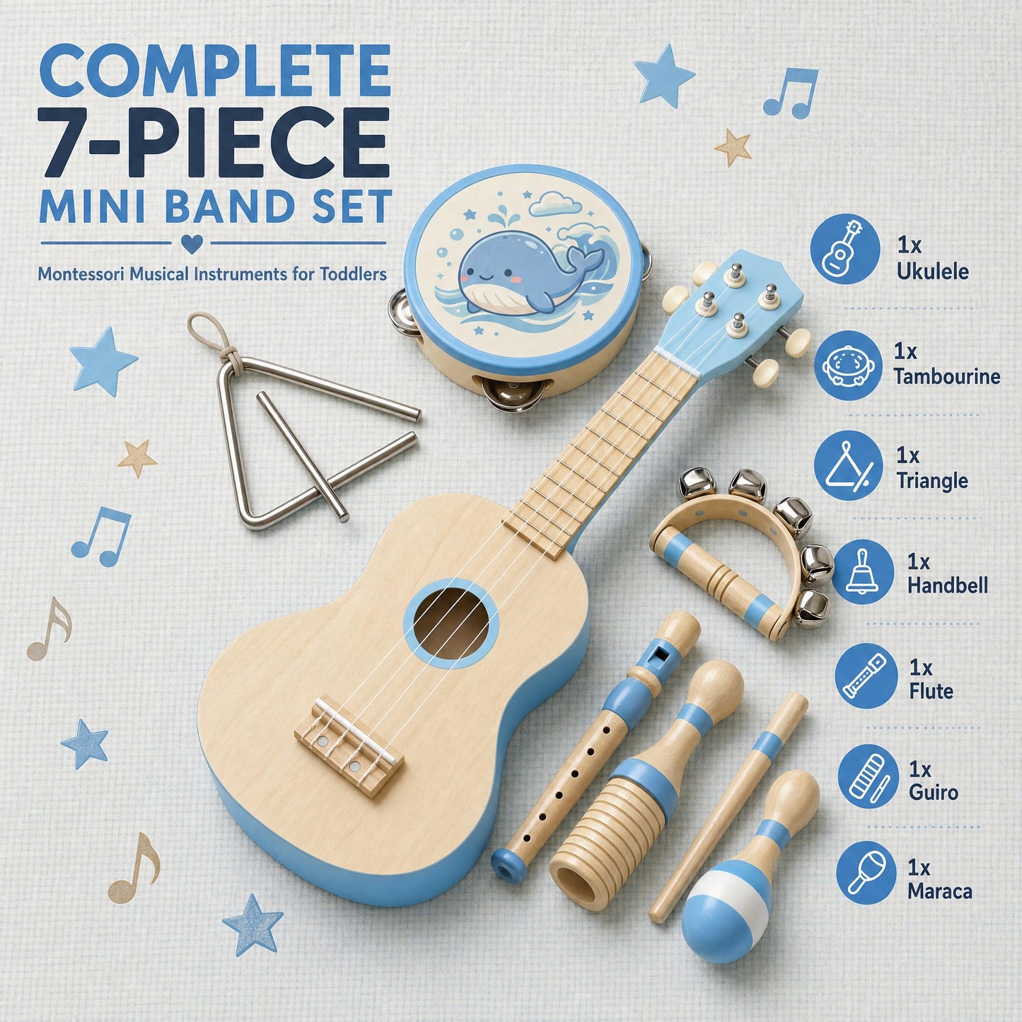 Soundo Kids Musical Instruments Set - 7P Toddler Ukulele for 2+ Year Old Boys Girls, Birthday Gifts for Kids 2 - 5, Christmas Wooden Toys, Party Kit with Ukulele, Maracas, Tambourine (Blue)