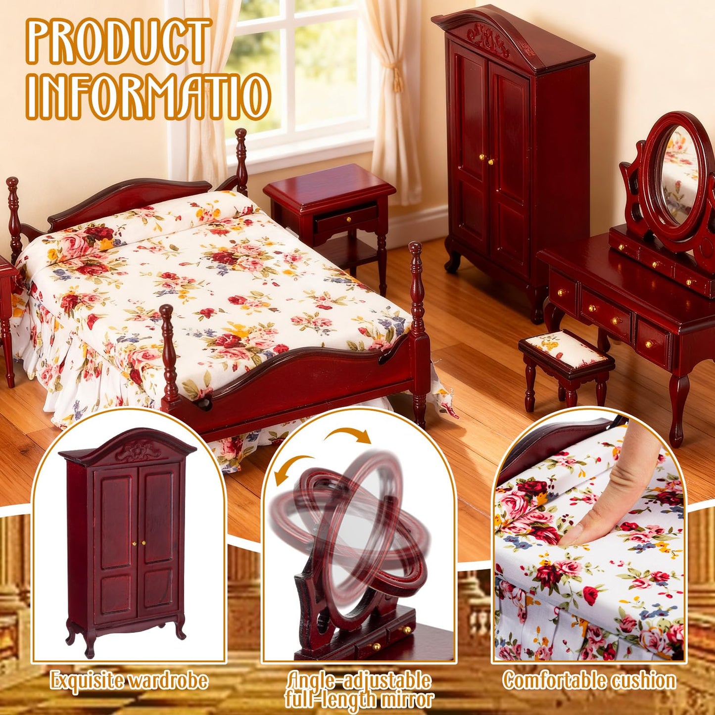 Skylety 7 Pcs Victorian Dollhouse Furniture Set 1: 12 Scale Wooden Mini House Bedroom Furniture and Accessories, Bed Dressing Table Wardrobe Carpet for Adults Toy Gift Miniature Doll House Accessories