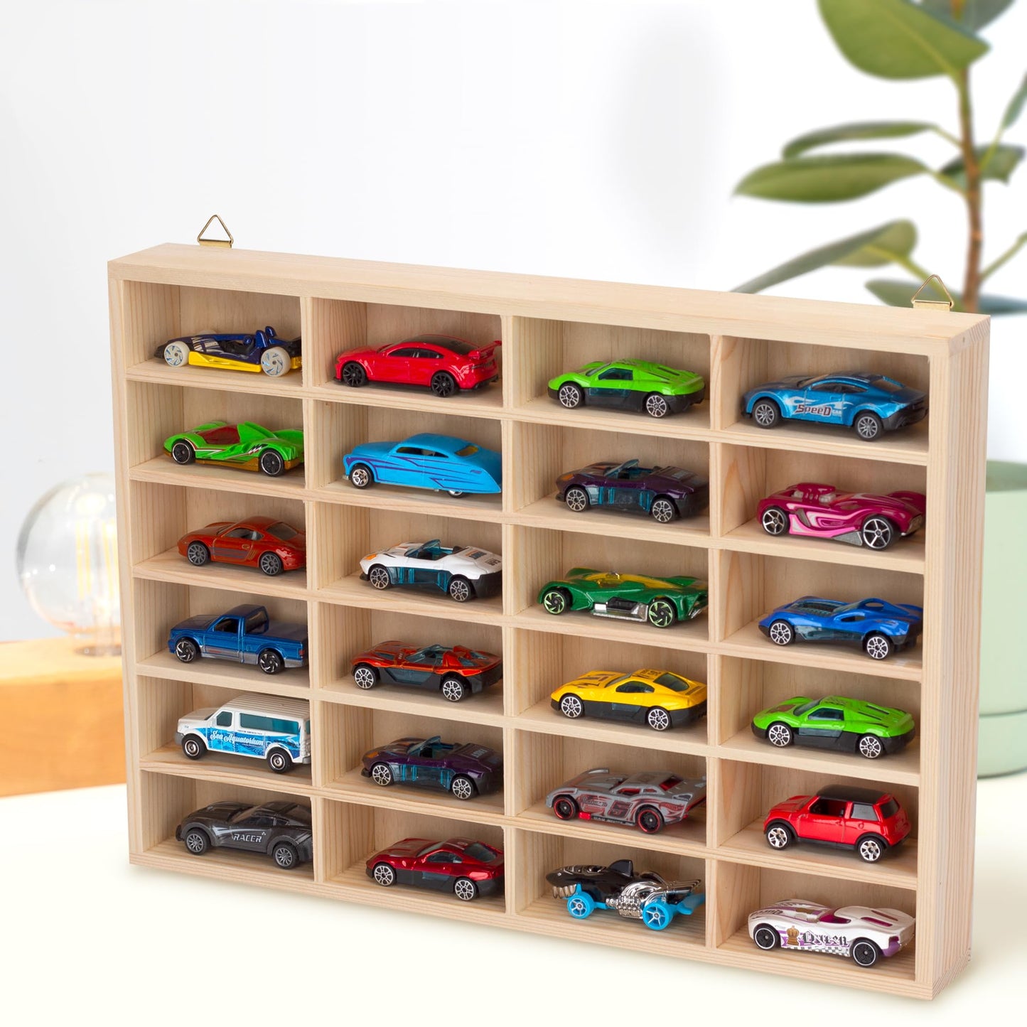 Stylish Wood Toy Cars Display Case, Wall-Mountable Organizer for Toy Cars and Matchbox Cars, Includes Hanging Screws (Wood-24 Slots)