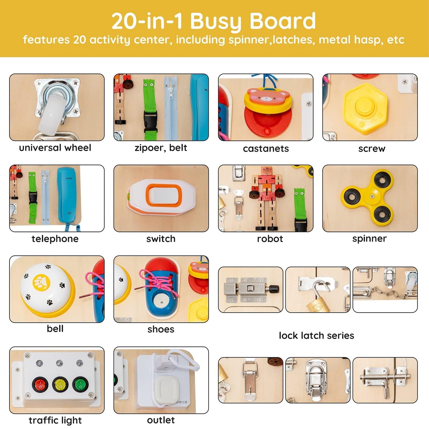 NILUTO Montessori Large Busy Board for Toddlers 3 Years Old - 20 in 1 Wooden Sensory Educational Toys -Fidget Toys for Autistic Children-Preschool Learning Activities Fine Motor Skills