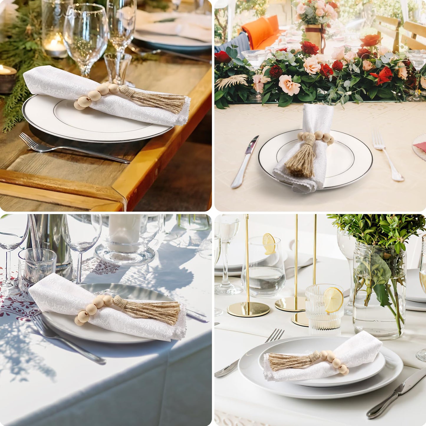 50 Pack Farmhouse Rustic Napkin Rings with Tassel Wood Bead Rings for Table Decor Boho Wedding Party Dining Spring Banquet