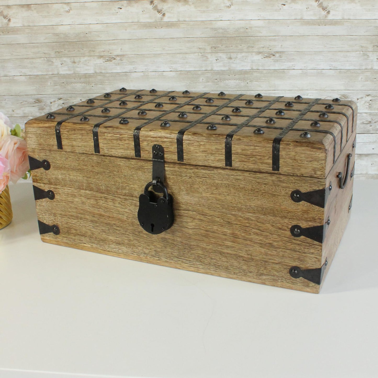 Nautical Cove Treasure Chest Wooden Box with Antique Iron Lock and Skeleton Key (XX-Large 20x11.75x9) - Storage and Decor – Pirate Wooden Treasure Chest, Decorative Box with Hinged Lid,