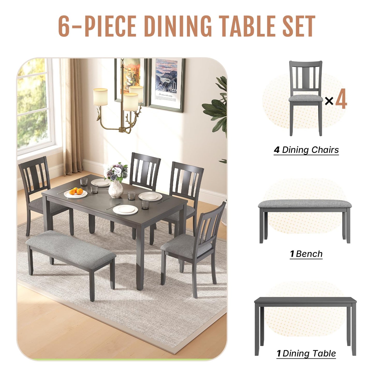 Zevemomo 6-Piece Wooden Dining Table Set, Dining Table Set for 6, Including 1 Dining Table, 4 Upholstered Chairs and 1 Bench, Wooden Legs Dining Table, Table Set for Dining Room & Kitchen, Grey