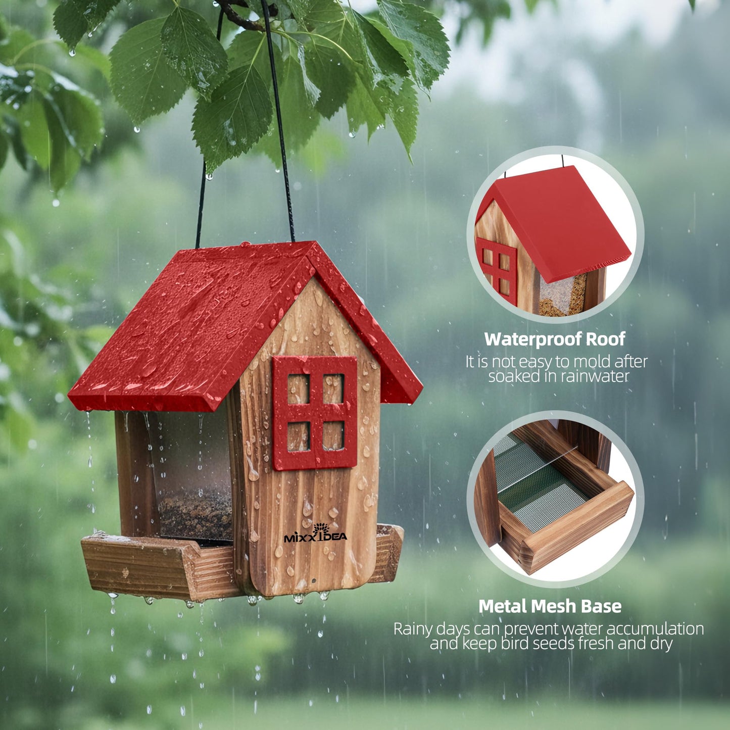 MIXXIDEA Bird Feeder for Outdoors Hanging, Wooden Bird Feeder House with Weatherproof Roof & Metal Tray, Attracting Wild Birds for Outside, Yard, Garden Decoration, Red