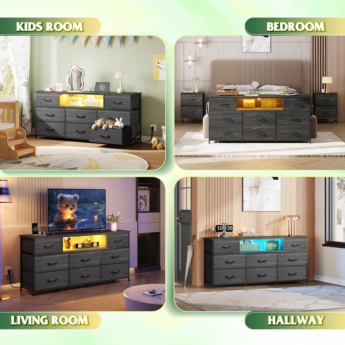 WLIVE Black Dresser TV Stand for 50, 55, 65 inch TV, Entertainment Center with LED Lights & Charging Station, Chest of Drawers with 8 Fabric Drawers and Open Shelves for Living Room, Bedroom, Wood Top