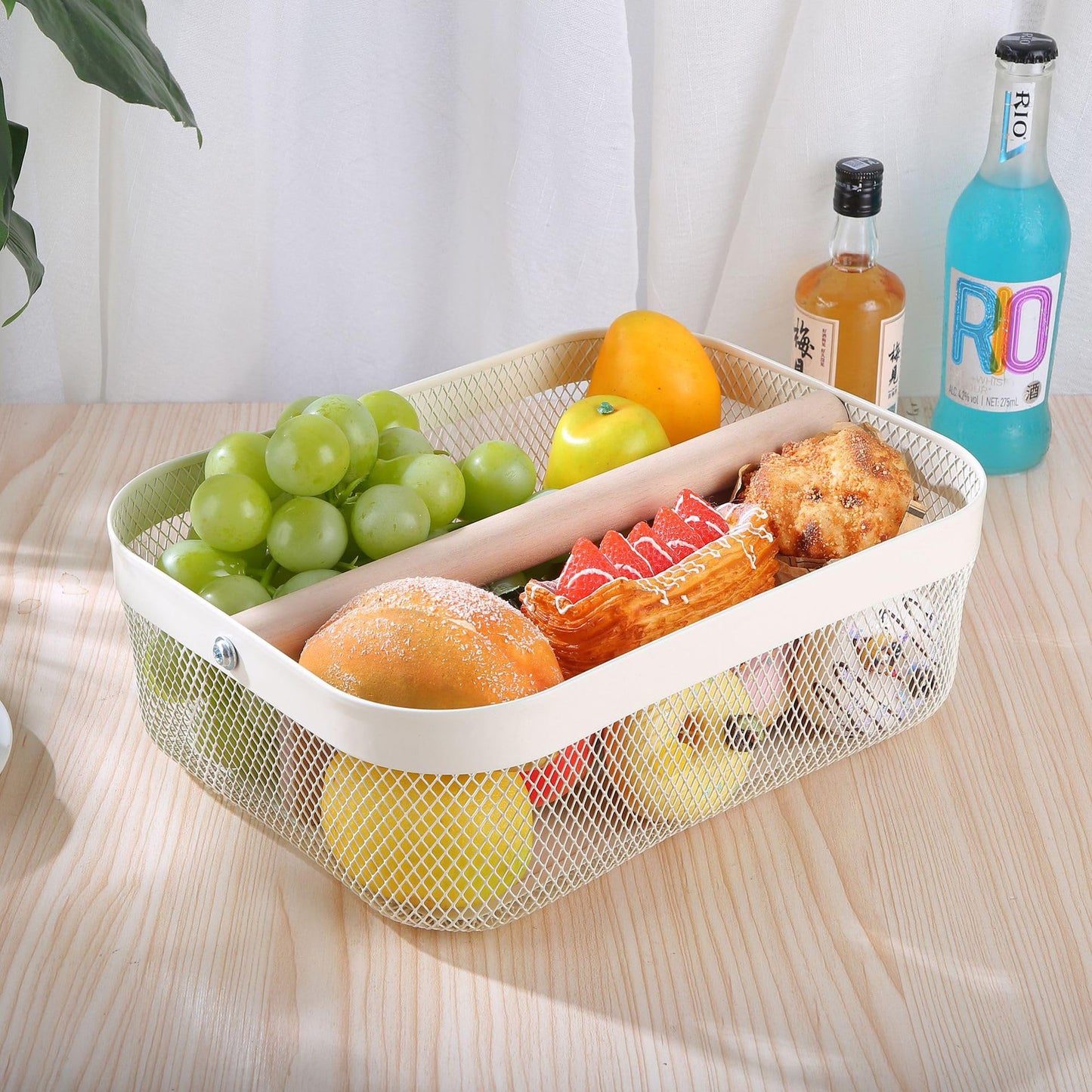 AJIODA Metal Mesh Steel Storage Basket, Garden Harvest Wire Organizer Basket Multi-functional Kitchen Fruit Basket with Wooden Removable Partition & Handle for Bath Picnic Decor Cabinet, Cream White