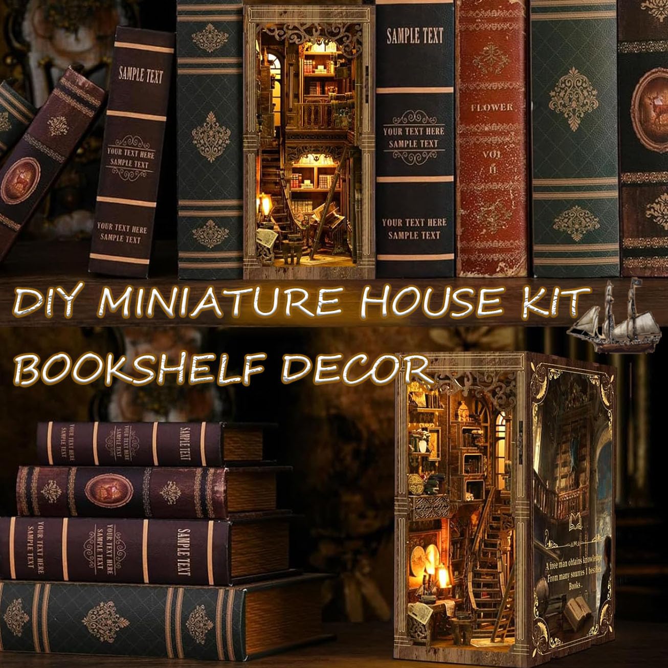 Book Nook Kit, DIY Miniature House Kit for Bookshelf Decor, 3D Wooden Puzzles Decorative Bookends for Adults, Teens and Beginners, Craft Kits Tiny House Book Lovers Gifts for Family Friends Birthday