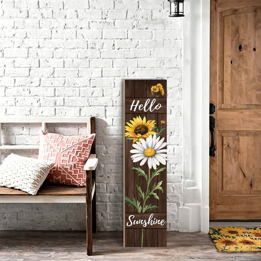 Hello Sunshine Porch Sign, Wooden Welcome Sign with Sunflower and Daisy Design, Vertical Front Door Sign for Entryway, Farmhouse Spring Summer Porch Decor, Floral Wooden Decoration, 31.5 Inch