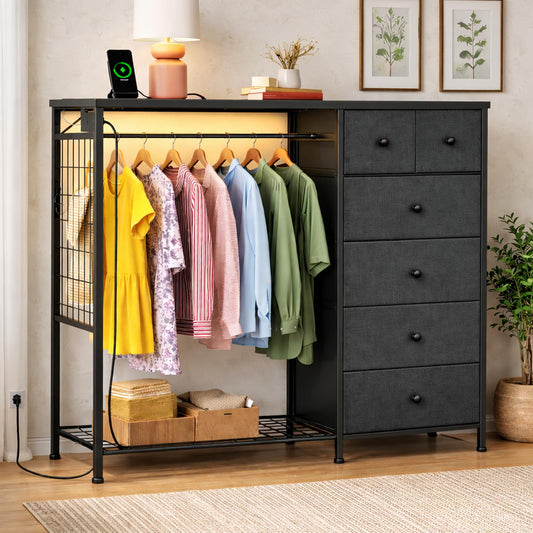 Simple Deluxe Storage Clothes Rack with 6 Drawers, Charging Station & LED Lights, Fabric Chest Shelves Clothing Rack, Wooden Portable Wardrobe Closet, 49.2" W x 15.7" D x 47.2" H, Gary