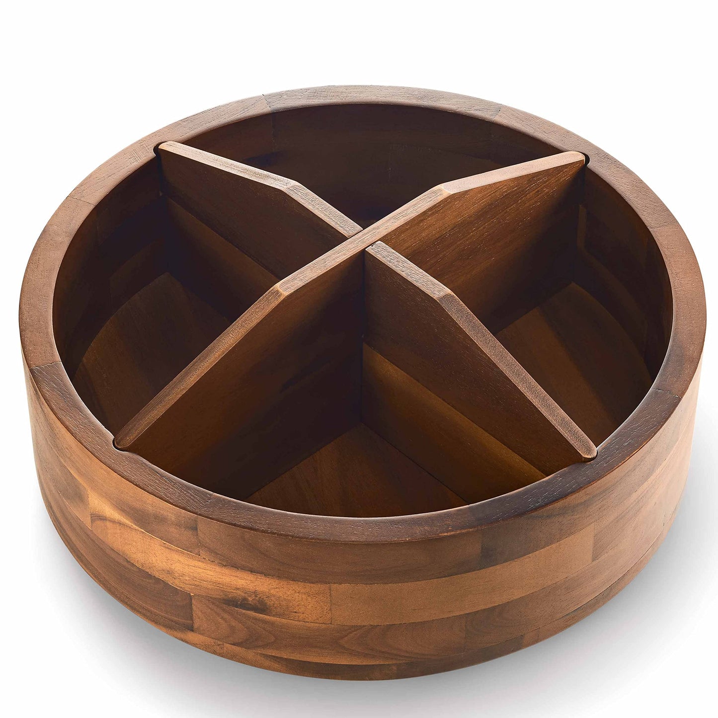 TIDITA 12" Acacia Wood Lazy Susan Organizer with 4 Dividers - Wooden Round Serving Turntable for Tabletop, Countertop - Kitchen Storage Tray Rotating Food Bin Container for Spices, Cabinet, Fridge