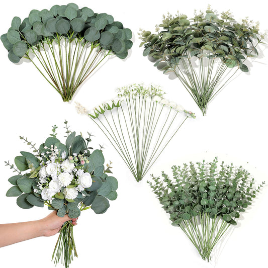 110 Pcs 7 Kinds Mixed Artificial Eucalyptus Stems and Faux Flowers,Fake Silver Dollar Eucalyptus Leaves Stems Bulk Soft Textured Leaf Branches for DIY Bouquets Floral Arrangement Wedding Home Decor