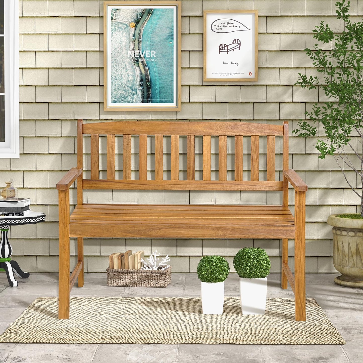 Tangkula Outdoor Acacia Wood Bench, 2-Person Garden Bench with Backrest and Armrests, Garden Bench with Slatted Seat for Porch, Park, Backyard, 800 Lbs Max Load, 43” L x 22” W x 34” H, Natural