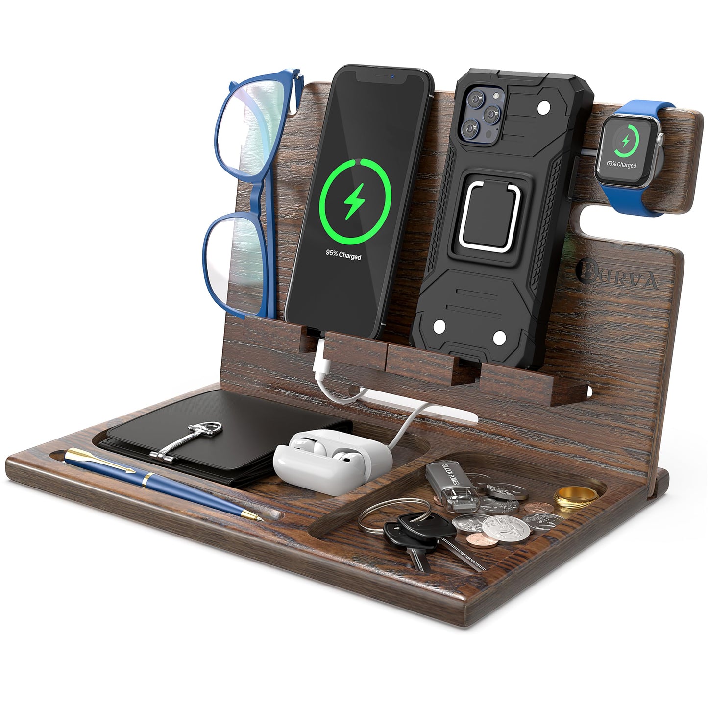 BarvA Two Phone Docking Station | Night Stand Desk Organizer | Wood Nightstand Organizer | Tablet Smart Watch Earbuds Charging Station | Upgraded Dresser Phone Stand | Bed Room Decor Gifts for Men