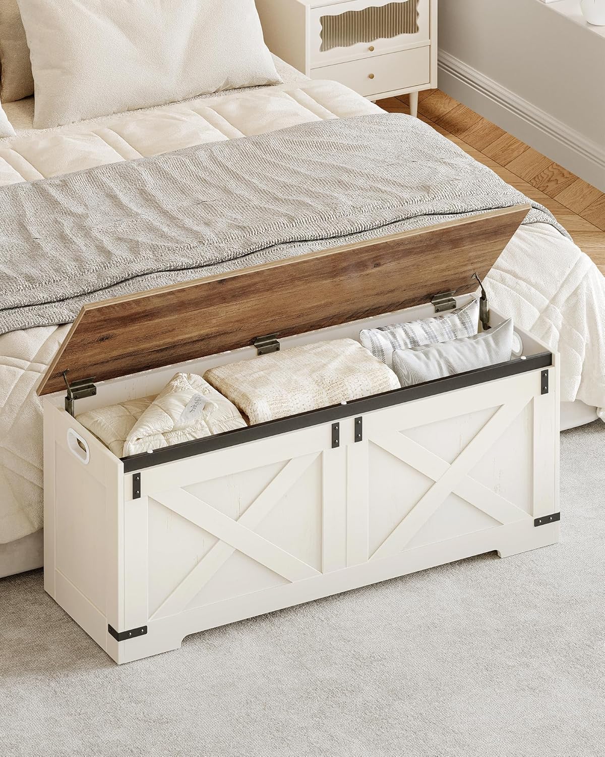 Hzuaneri 47.2" Storage Chest, Large Storage Trunk with 2 Hinges, Farmhouse Wooden Box Bench, Lift-Top Organizer Chest, Entryway Trunk for Bedroom, Living Room, White and Brown SB12114X