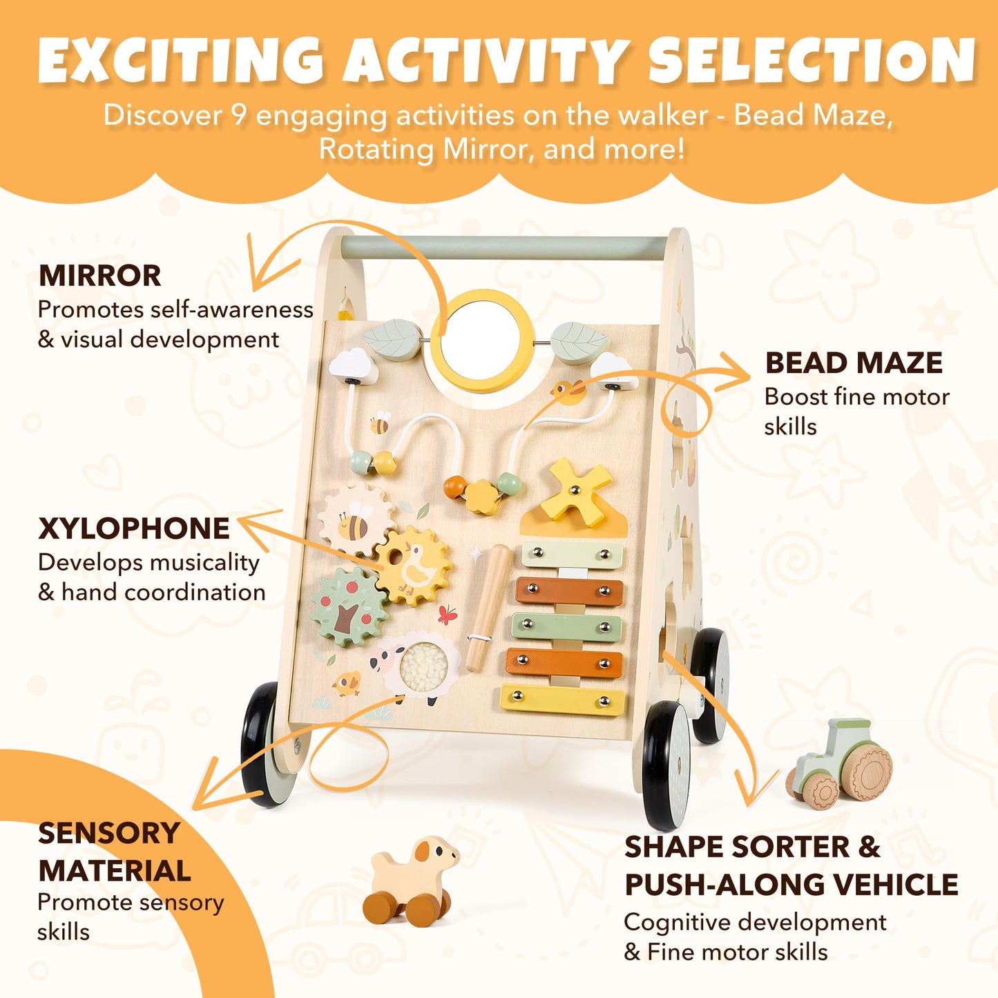 Pithfor Wooden Baby Push Walker, Baby Walker with Activity Center for Girls Boys, Montessori Sensory Push Toys for Babies Learning to Walk & Sit-to-Stand
