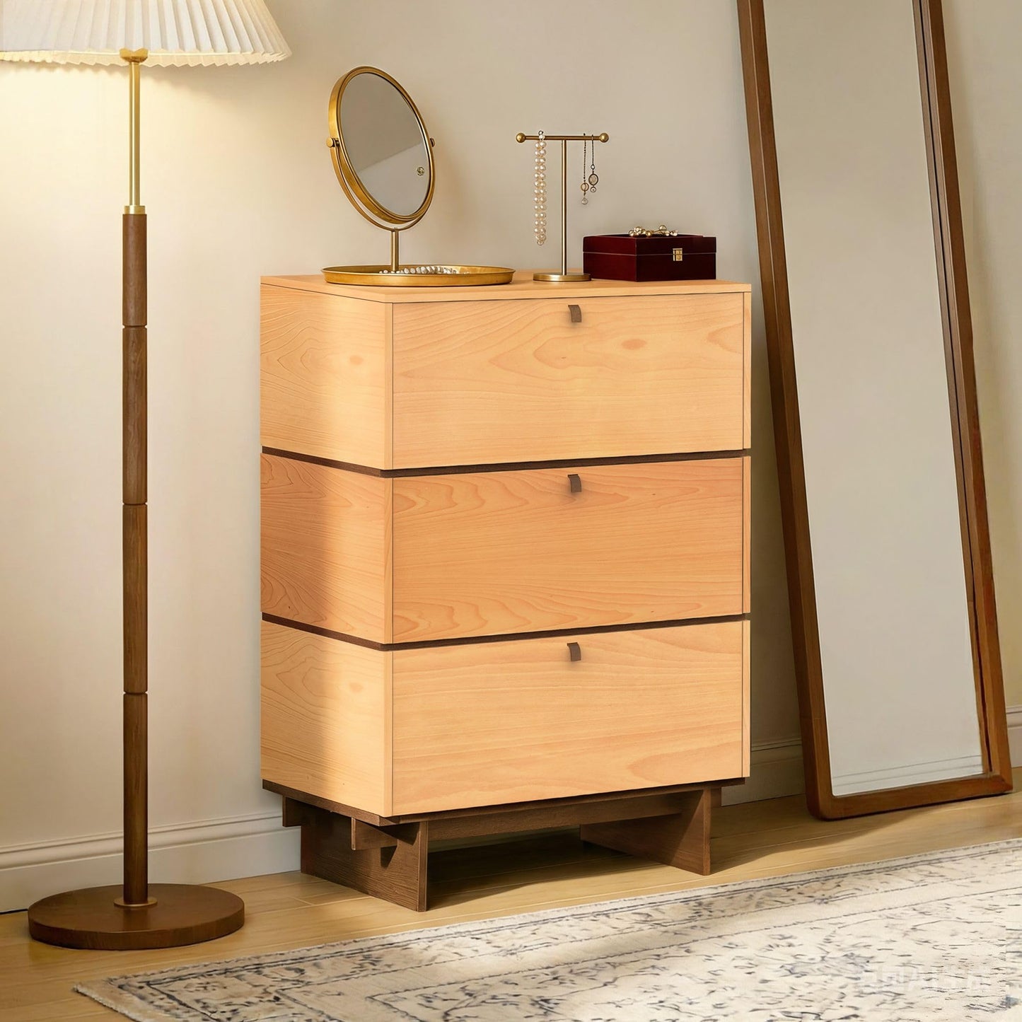 WHOOSPEREH 3 Drawers Dresser, 15" D x 23.6" W x 34.8" H in Mid Century Modern Chest of Drawers, Wooden Storage Cabinet for Bedroom, Closet, Beech Basswood Duet Color