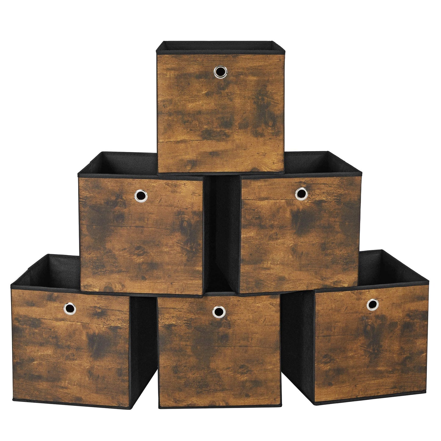 SONGMICS Storage Cubes, Set of 6 Storage Bins with Handles, Foldable Oxford Fabric and Non-Woven Fabric Storage Boxes, 11.8 x 11.8 x 11.8 Inches, Rustic Brown and Black URFB102B01