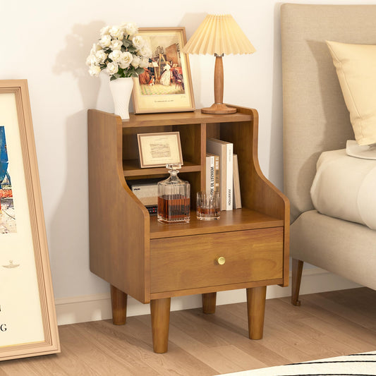 Solid Wood Nightstand, Walnut Bookshelf Nightstand with Open Storage Shelves, Mid Century Modern Night Stand with Drawer, Bedside Table for Bedroom