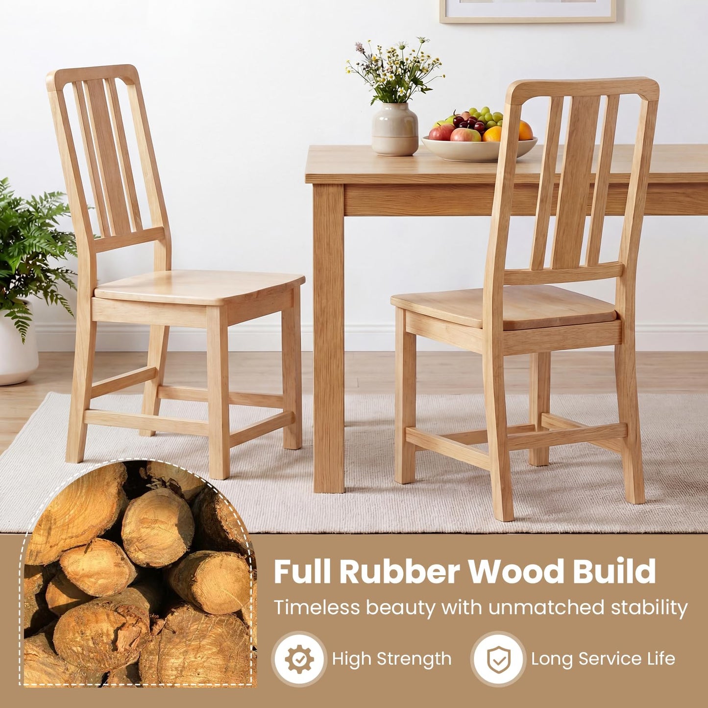 Giantex Wood Dining Chairs Set of 2, Rubber Wood Kitchen Chairs with Hollowed Backrest, Natural Dining Room Chair, Wooden Side Chairs for Living Room Restaurant