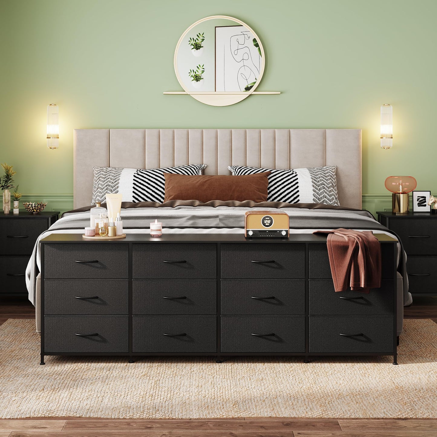 WLIVE 75.5'' Black Dresser for Bedroom, TV Stand for 85, 80, 75, 65 Inch TV, 12 Drawer Long Fabric Dresser with Wood Top, Wide Entertainment Center Storage Chest for Living Room, Closet