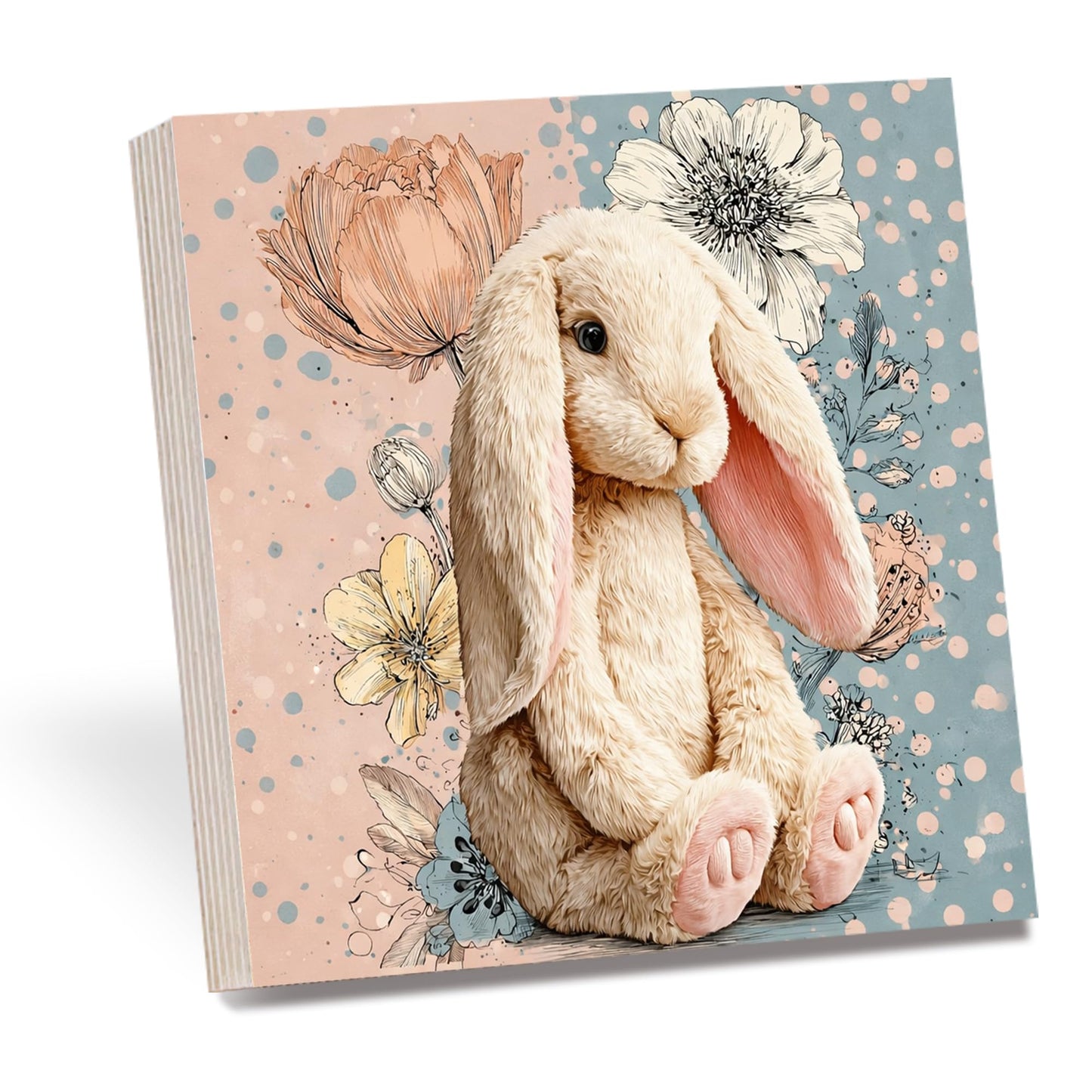 Easter Bunny Wooden Block Sign, Cute Floral Spring Farmhouse Decor Shelf Sitter for Table Mantel Tiered Tray, Pastel Easter Home Accent Gift