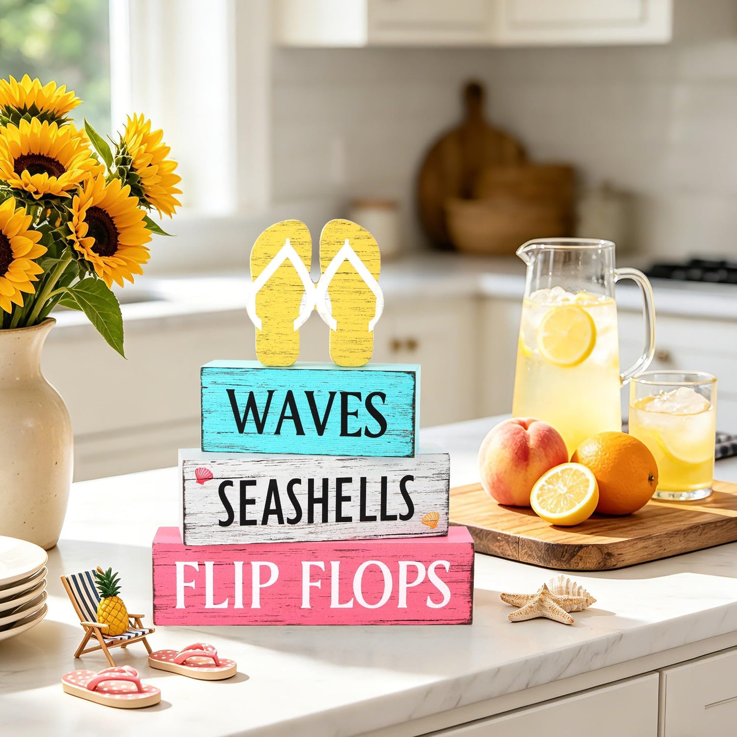 4 Pcs Summer Wooden Tiered Tray Decor, Flip Flops Decorations Gifts for Home, Summer Table Centerpiece for Beach Mantel Party Kitchen Hawaii