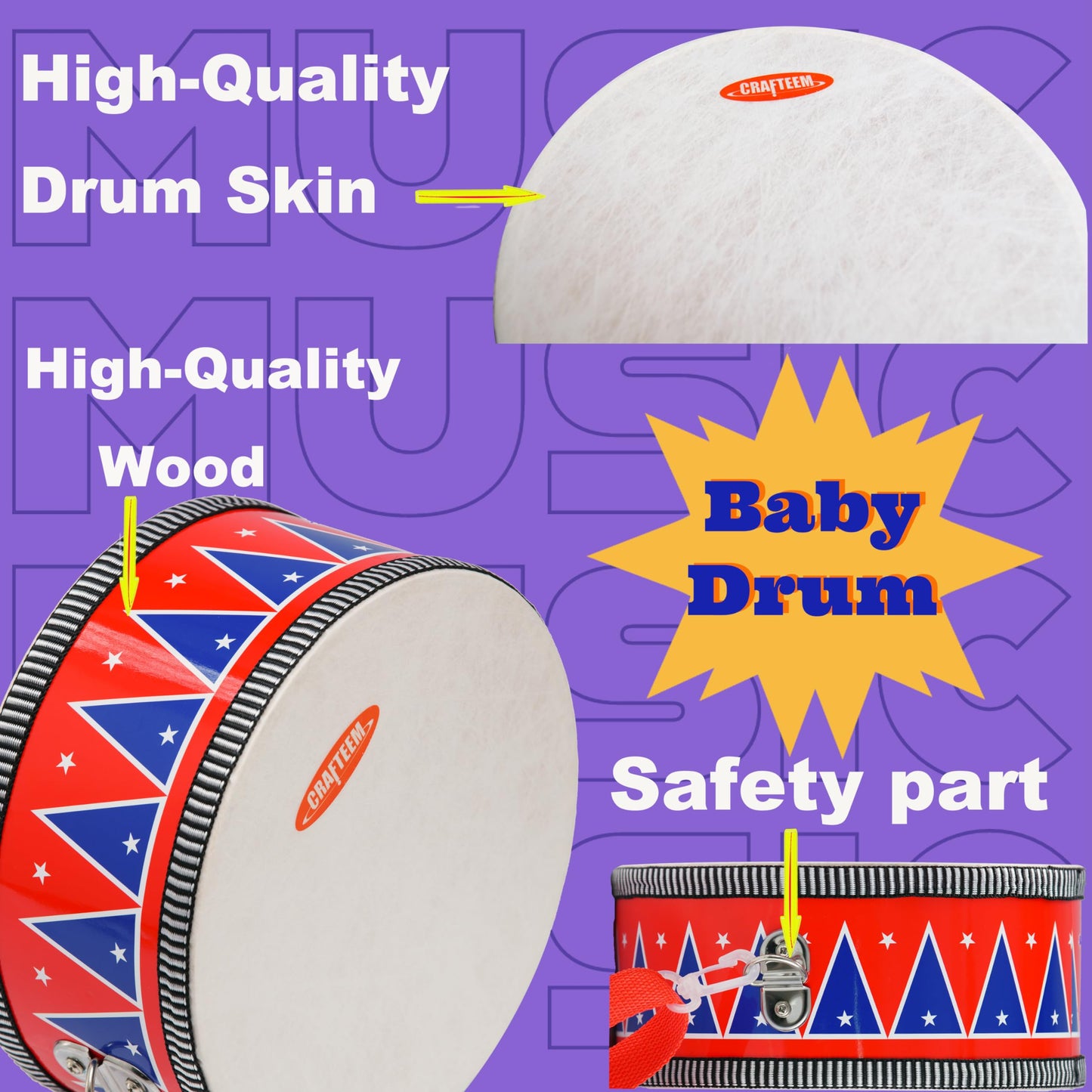 CRAFTEEM Kids Set for Toddlers - Baby Musical Toy w/Wrist Bells, Drum Sticks & Fun Drum Instrument for Boys & Girls - Educational Christmas Birthday Gift.