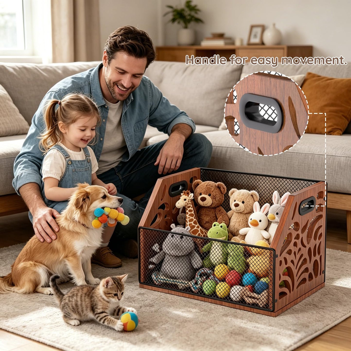 AHUONEL Dog Toy Basket, Chew-Proof Dog Toy Box, Wooden & Metal Pet Toy Storage Organizer, Spacious Toy Storage Bin for Pet Toys, Treats & Home Supplies, Toy Box for Living Room