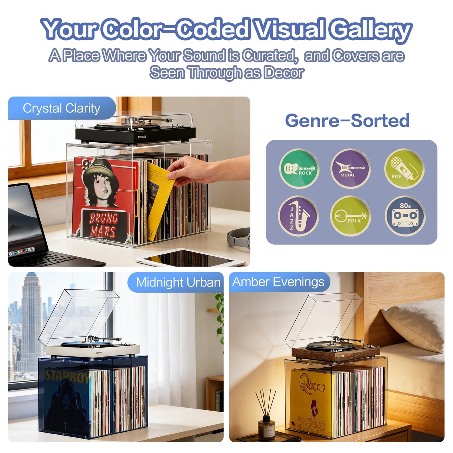 Bikoney Vinyl Record Storage,Stackable Cube Acrylic Vinyl Record Holder,Tabletop Record Player Stand,Vinyl Holder & Album Storage Box Crate Bin, Warm Amber