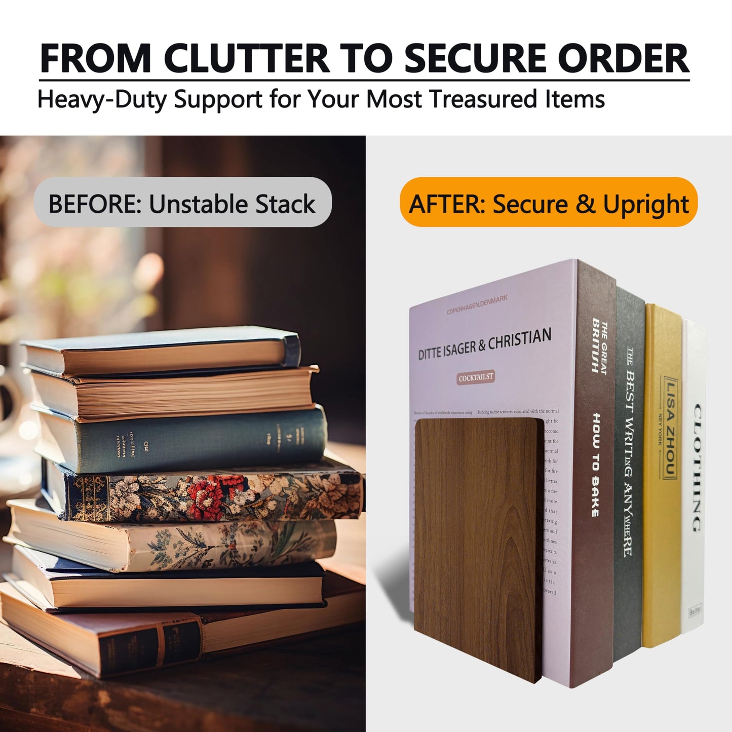 Brosisincorp Walnut Wood Book Ends for Shelves - Hand Polished Edges, Non-Skid Bookends for Heavy Duty Book Holders Office Desk Shelves Decorative Book Organizer, 6.69"H x 4.72"W x 3.94"L (3 Pairs)