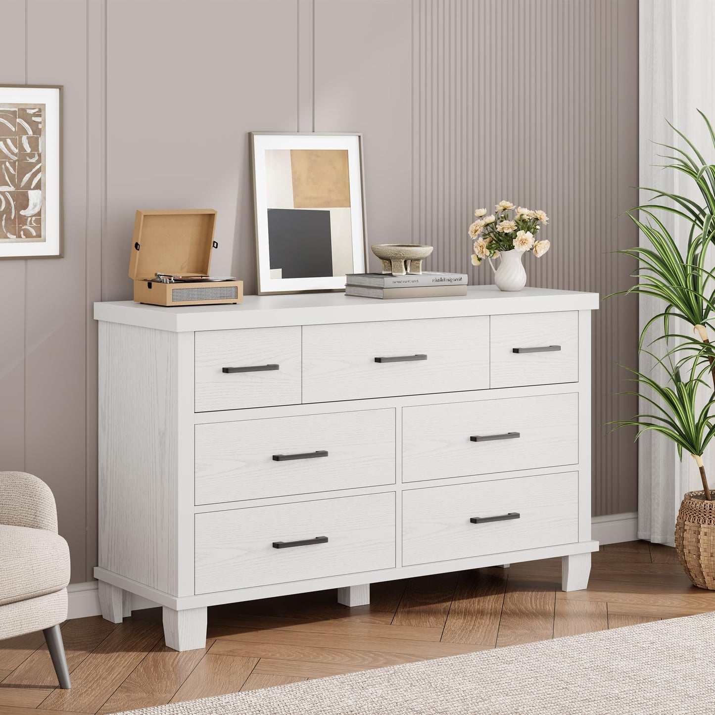 Garvee Dresser for Bedroom with 7 Drawers, 51" Wooden Dressers & Chests of Drawers with Metal Handles, TV Stand, Horizontal Dresser for Bedroom, Closet, Nursery, and Entryway