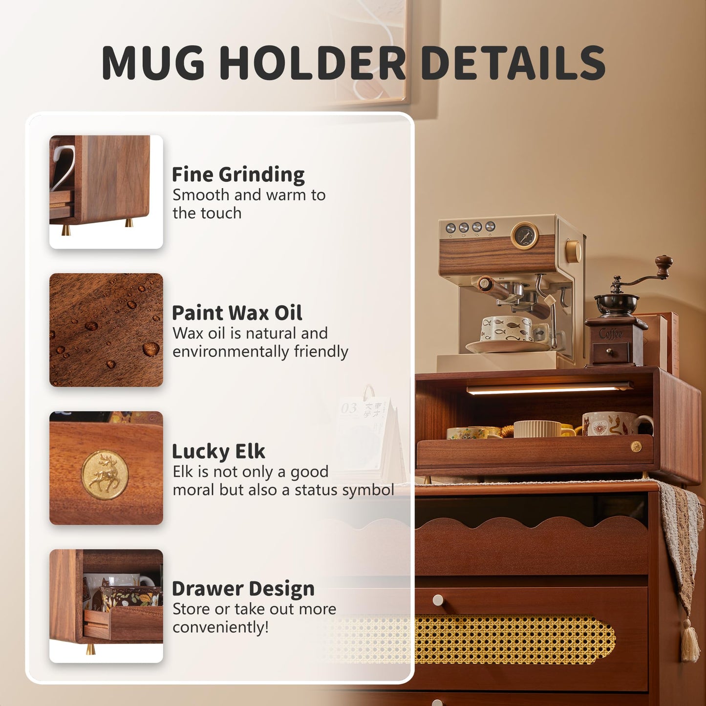 KAOTGOT Wooden Coffee Station Storage Rack with Drawers - Cup Rack and Coffee Machine Stand, Kitchen Counter Coffee Bar Storage Rack, Desktop Stand