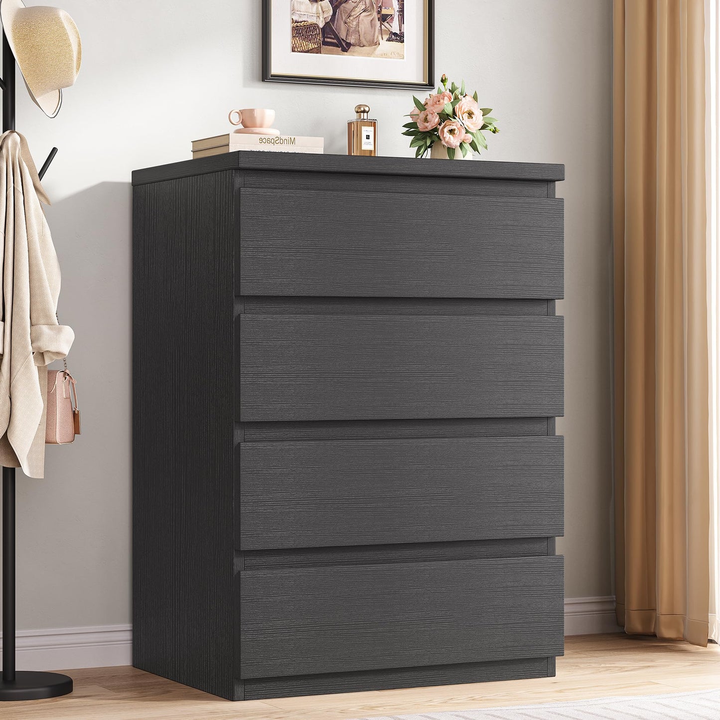 Jocoevol 4 Drawer Dresser for Bedroom, Black Dresser Chest of Drawers - Large Wood Dressers TV Stand with Deep Drawers Dressers for Living Room, Hallway, Entryway - Black