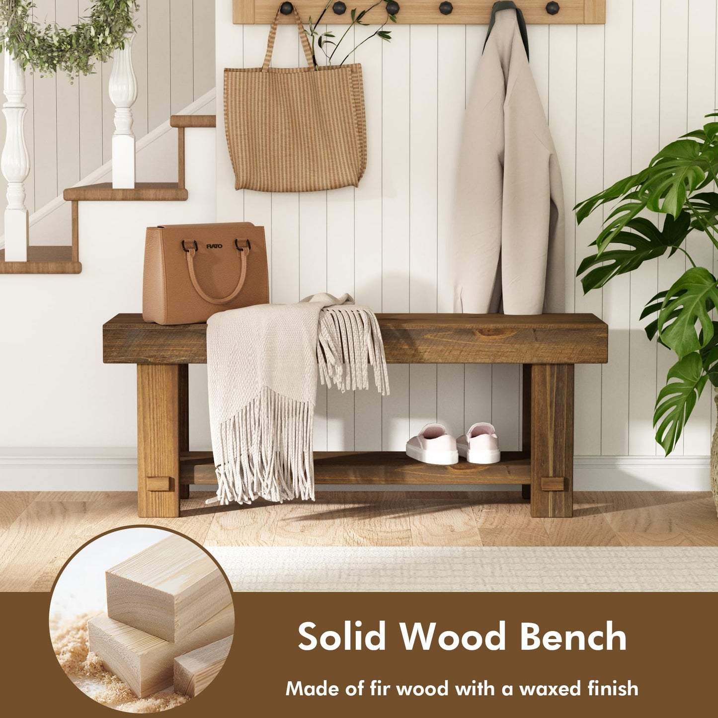 HOKYHOKY Solid Wood Entryway Bench - 42.6" Farmhouse Long Storage Benches, Narrow Bench Seat for Indoor, Entryway, Dining Room, Living Room, Bedroom and Hallway, Rustic Natural
