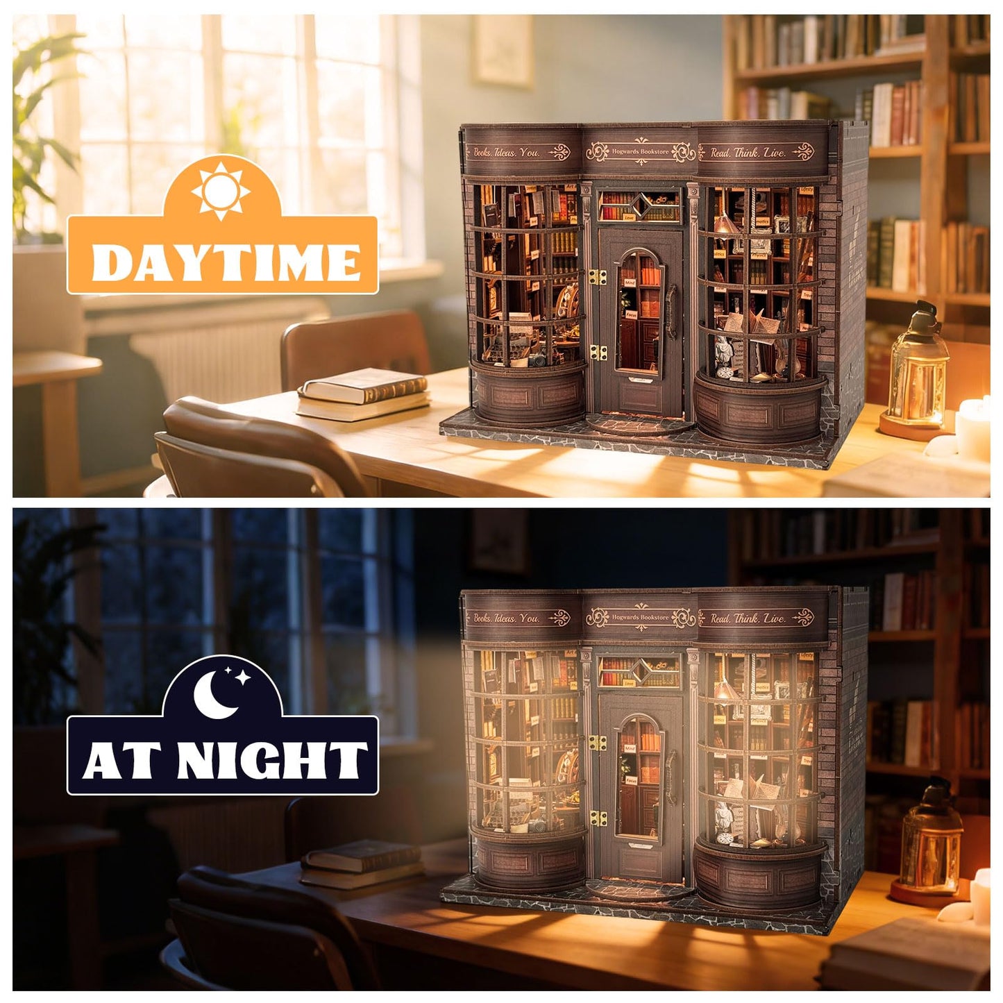 Hoggor Bookstore Book Nook Kit with LED Light, DIY Miniature House Kit, 3D Wooden Puzzle Bookshelf Decor Diorama Building Kit, Christmas Birthday Gifts for Family, Friends