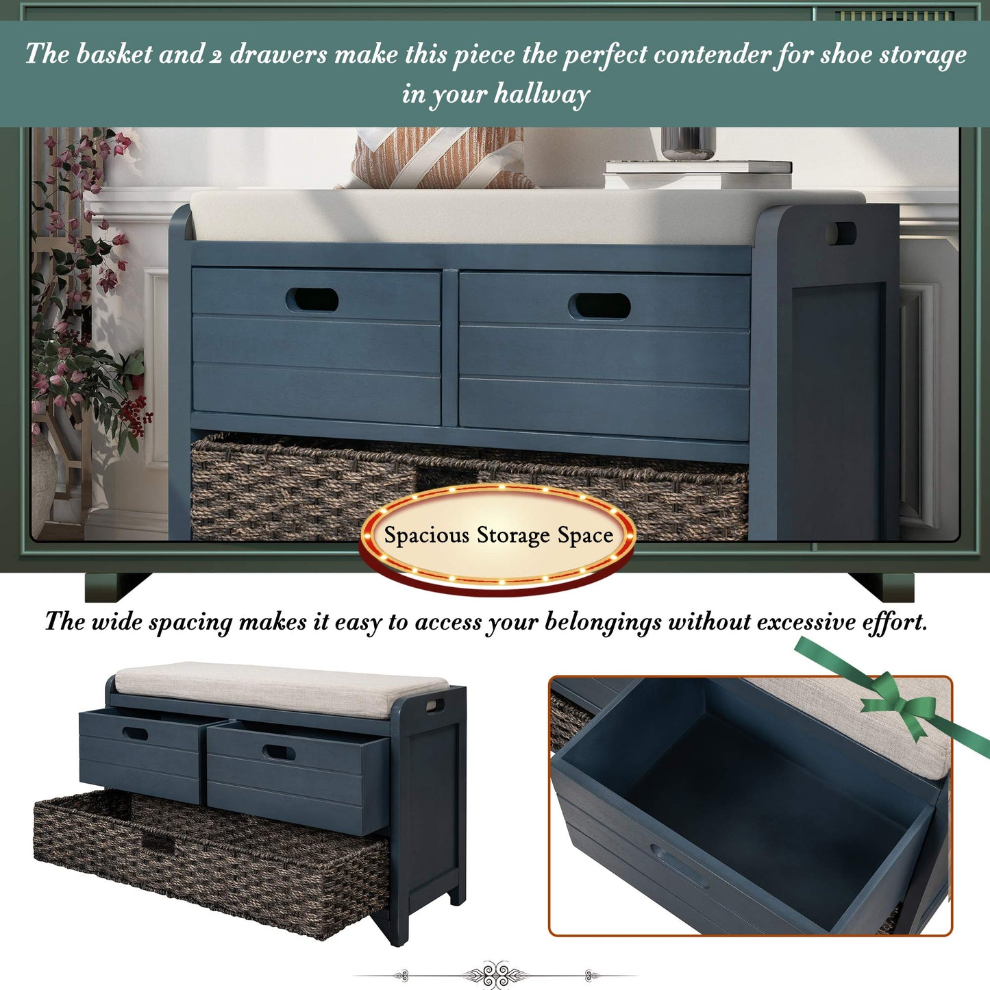 Brisca Wood Storage Bench with 1 Removable Basket and 2 Drawers,Fully Assembled Shoe Stool,W/Removable Cushion,for Hallway,Entryway,Bedroom,Living Room,Navy