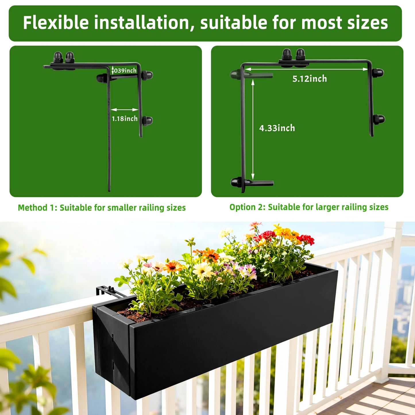 TISUWING 2 Pack Metal Railing Planter Box, 30 Inch Balcony Planters with Adjustable Brackets, Large Hanging Planters for Outdoor Fence Deck