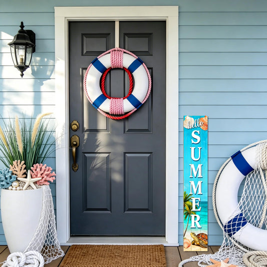 DOUSUI Hello Summer Wood Welcome Sign for Front Porch Vertical Decorative Sign Front Door Outdoor Indoor Welcome Sign 47.2x7.8 Inch Sea Turtle Outdoor Decor for Summer Front Porch Decorations.