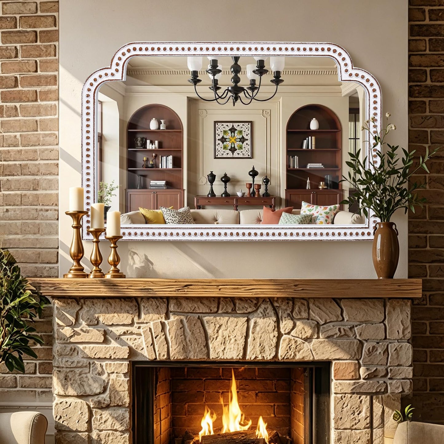 24x36 Inch Ornate Scalloped Arch Mirror, Wooden Antique Beaded Wall Mirrors