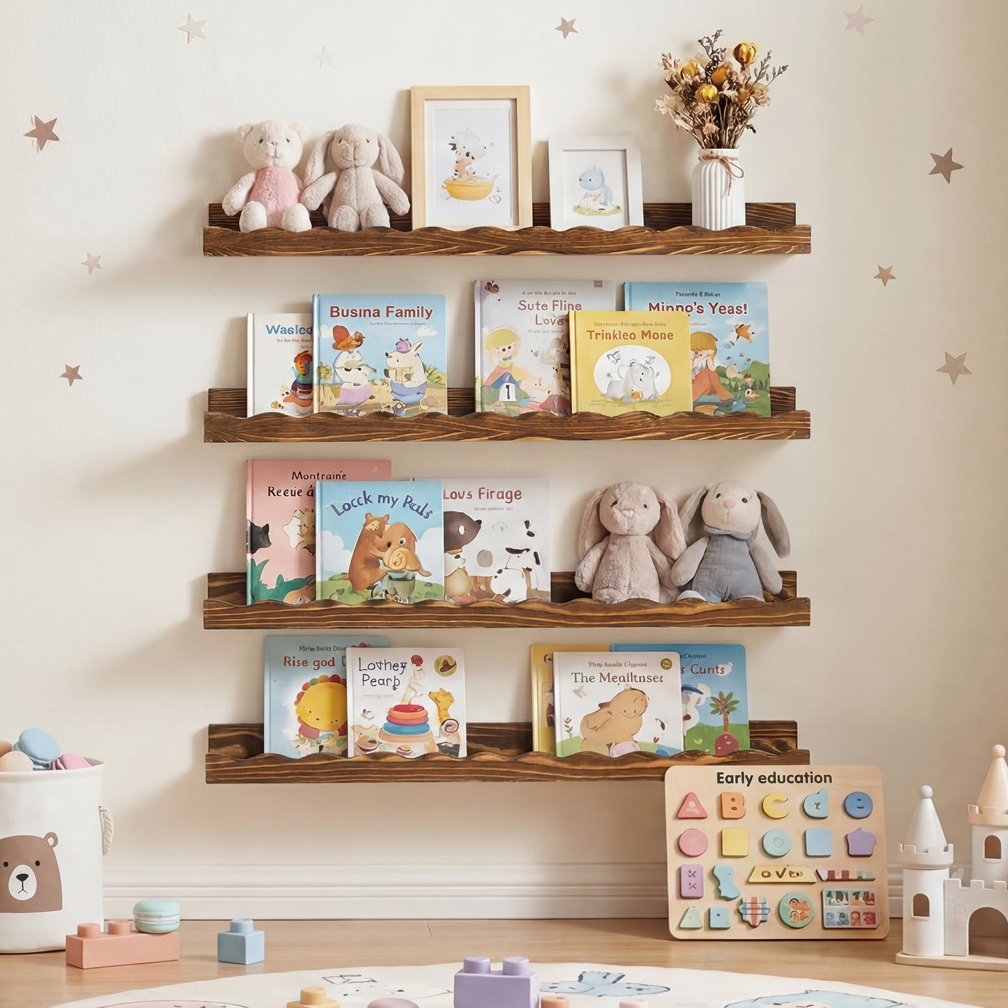 Fun Memories Picture Ledge Shelf for Wall, 36 inch Pine Wood Nursery Book Shelves Set of 2- Wall Book Shelves for Kids Room, Home Decor - Kitchen Spice-Carbonized