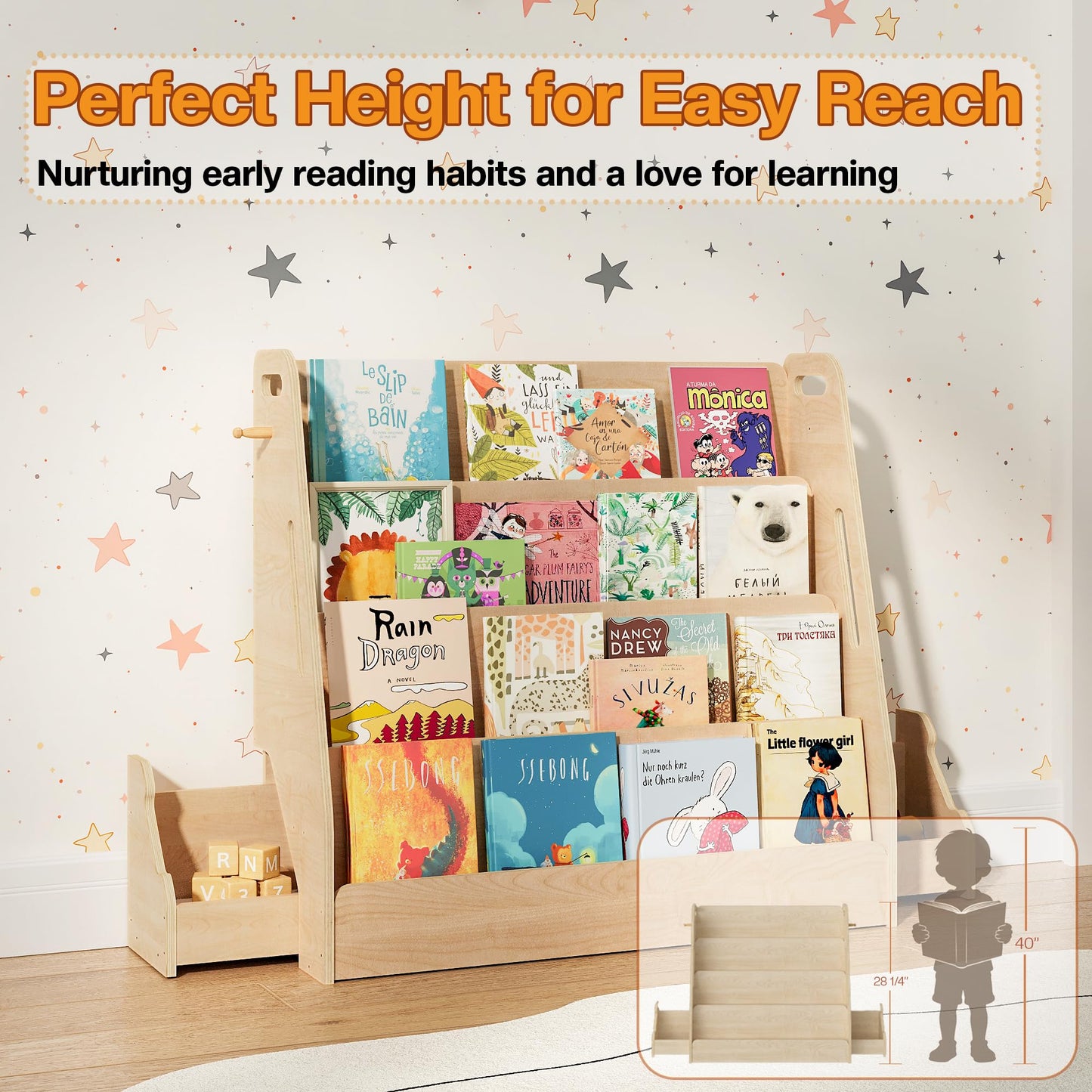 AMBIRD Kids Bookshelf with Drawers & Hooks, 4-Tier Forward-Facing Book Display for Toddlers, Wooden Magazine Rack with Hidden Toy Storage, Montessori-inspired Bookcase for Bedroom, Nursery & Classroom